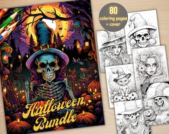 May include: A Halloween coloring book bundle with 80 pages and a cover. The cover features a skeleton witch with a purple hat and long hair, surrounded by pumpkins and other Halloween imagery. The text "Halloween Bundle" is written in yellow on the cover.