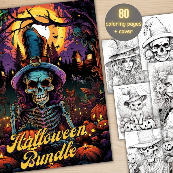 80 Halloween Big Bundle Coloring Book, Printable Gothic Creepy Pumpkin Witch Coloring Pages, Grayscale Halloween Coloring Book for Adults