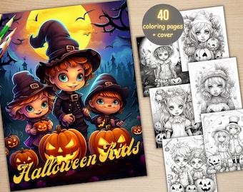 40 Cute Halloween Kids Coloring Book, Printable Cute Creepy Sweeties Coloring Pages, Grayscale Halloween Coloring Book for Adults and Kids