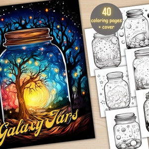 40 Celestial Jars Coloring Book, Printable Galaxy in a Jar Coloring Pages, Fantasy Grayscale Starry Night Coloring Book for Adults and Kids