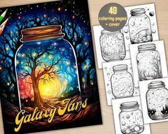 40 Celestial Jars Coloring Book, Printable Galaxy in a Jar Coloring Pages, Fantasy Grayscale Starry Night Coloring Book for Adults and Kids