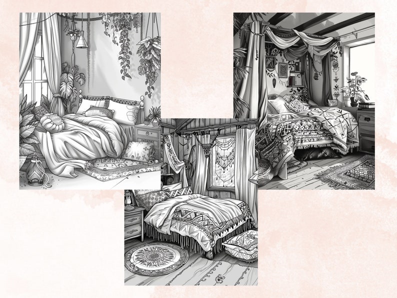 50 Boho Bedroom Coloring Book, Printable Bohemian Interior Design ...