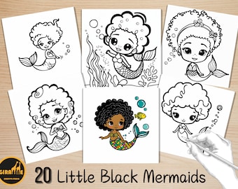 Bold and Easy Coloring Book, Little Black Mermaid Coloring Pages, Kawaii Afro African Mermaid Coloring, Relaxing Activity Adults and Kids