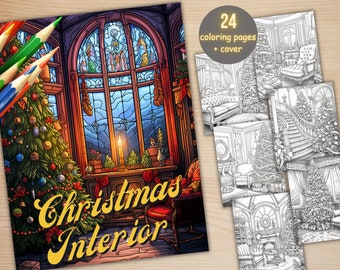 24 Christmas Interior Design Coloring Book, Printable PDF, Christmas Room Architecture Coloring Pages, Grayscale Coloring Book for Adults