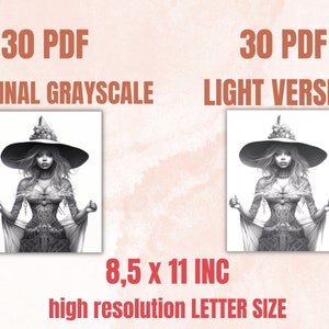 May include: Two black and white illustrations of a woman wearing a witch's hat and dress. The image on the left is the original grayscale version. The image on the right is a light version. Both images are 8.5 x 11 inches.