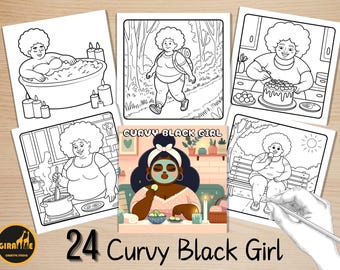Kurvige schwarze Mädchen Malseiten, süße kurvige Afro Mädchen Färbung, mutige und einfache Malbuch, entspannende gemütliche Aktivität für Erwachsene und Kinder