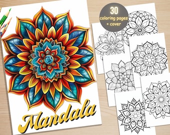 30 Mandala Coloring Book, Printable Stress Relief Patterns Coloring Pages, Simple Mandala Flowers Coloring Book for Adults, Easy Coloring