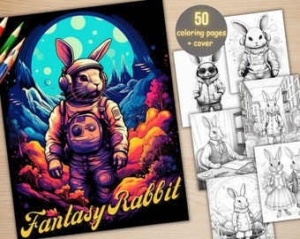50 Fantasy Rabbit Coloring Book, Printable Secret Life of Bunnies Coloring Pages, Grayscale Cute Animal Coloring Book for Adults and Kids