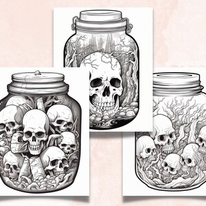 50 Spooky Jars Coloring Book, Printable Gothic Creepy Skull in a Jar ...