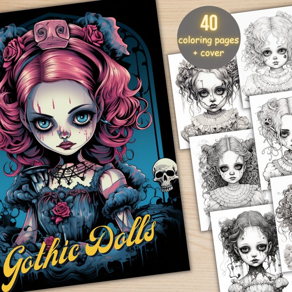 40 Cute Creepy Doll Coloring Book, Printable Horror Spooky Little Doll Coloring Pages, Gothic Fantasy Grayscale Coloring Book for Adults