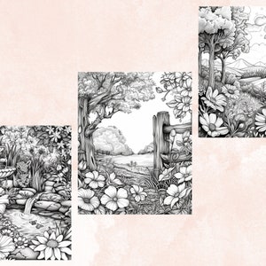 50 Spring Garden Coloring Book, Printable Floral Fairy Garden Coloring Pages, Grayscale Spring Flowers Forest Coloring Book for Adults Kids