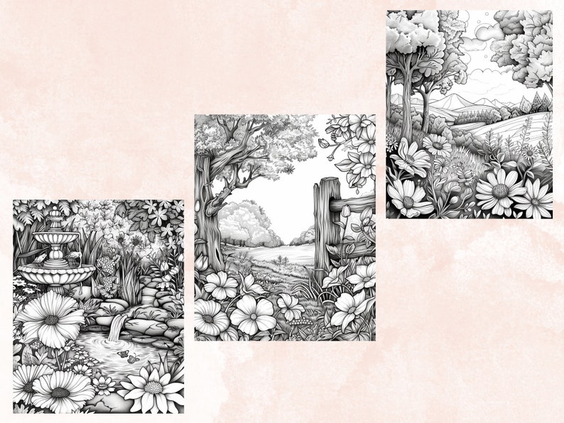 50 Spring Garden Coloring Book, Printable Floral Fairy Garden Coloring Pages, Grayscale Spring Flowers Forest Coloring Book for Adults Kids
