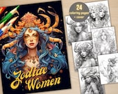 24 Women of the Zodiac Signs Coloring Book, Printable PDF, Celestial Astrology Female Coloring Pages, Grayscale Coloring Book for Adults