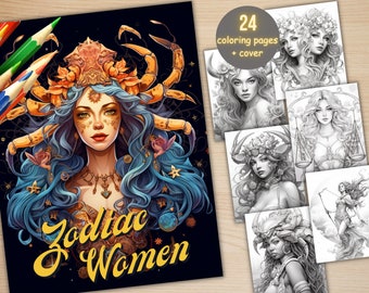 24 Women of the Zodiac Signs Coloring Book, Printable PDF, Celestial Astrology Female Coloring Pages, Grayscale Coloring Book for Adults