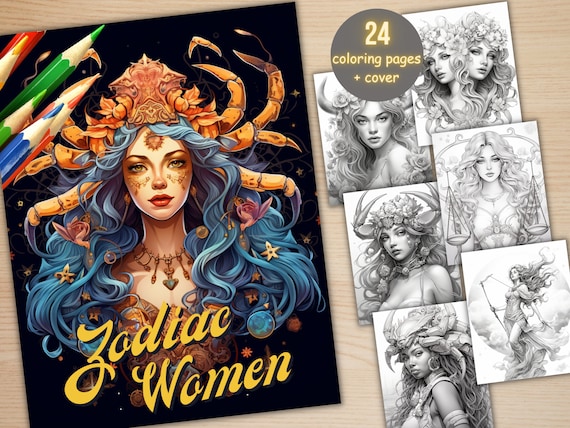 24 Women of the Zodiac Signs Coloring Book, Printable PDF, Celestial Astrology Female Coloring Pages, Grayscale Coloring Book for Adults