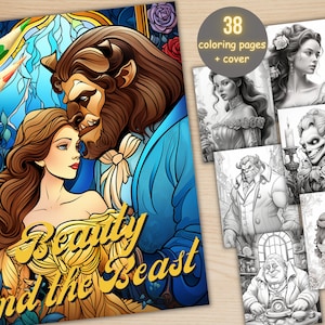 38 Beauty and the Beast Coloring Book, Printable Fairytale Princess Coloring Pages, Grayscale Coloring Book for Adults and Kids, Fantasy Art