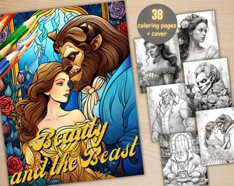 38 Beauty and the Beast Coloring Book, Printable Fairytale Princess Coloring Pages, Grayscale Coloring Book for Adults and Kids, Fantasy Art