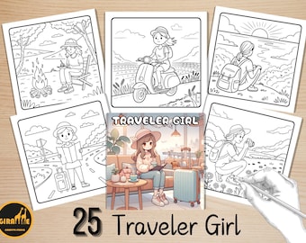 Traveler Girl Coloring Pages, Bold and Easy Coloring Book, Wanderlust Girl Coloring, Relaxing Activity for Adults and Kids, Stress Relief