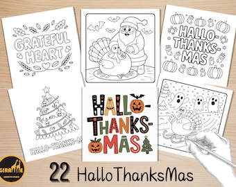Hallo-Thanks-Mas 2 Coloring Pages, Bold and Easy Coloring Book, Happy Hallothanksmas Coloring, Relaxing Activity for Adults and Kids