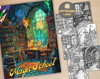 Pode incluir: Uma capa de livro para colorir que apresenta uma biblioteca de escola mágica com uma grande janela, estantes, uma mesa e um barril. O título "Magic School" está escrito em letras cursivas amarelas. O livro inclui 45 páginas para colorir e uma capa.