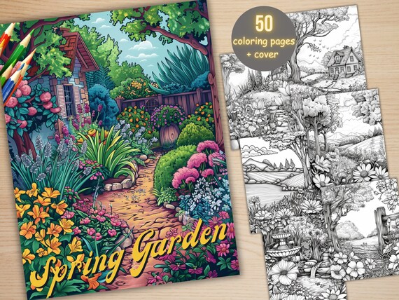 50 Spring Garden Coloring Book, Printable Floral Fairy Garden Coloring Pages, Grayscale Spring Flowers Forest Coloring Book for Adults Kids
