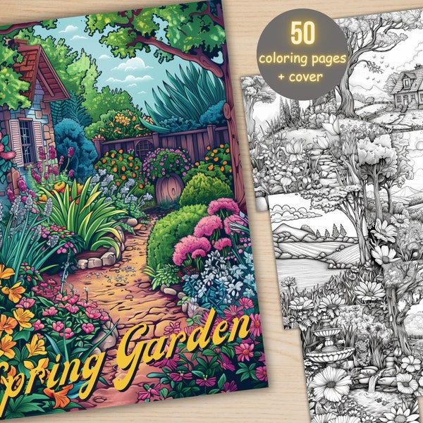 50 Spring Garden Coloring Book, Printable Floral Fairy Garden Coloring Pages, Grayscale Spring Flowers Forest Coloring Book for Adults Kids