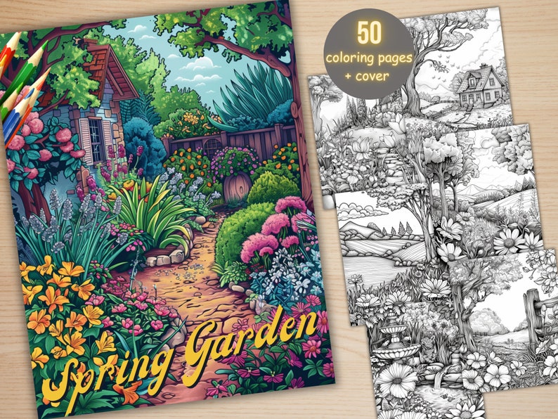 50 Spring Garden Coloring Book, Printable Floral Fairy Garden Coloring Pages, Grayscale Spring Flowers Forest Coloring Book for Adults Kids