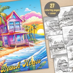 27 Beach Houses Coloring Book, Printable Fantasy Dream House Coloring Pages, Grayscale Coloring Book for Adults, Dark Light Version PDF