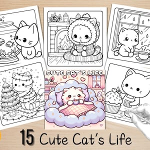 Bold and Easy Coloring Book, Cute Cozy Cat&#39;s Life Coloring Pages, Comfy Kawaii Cat Coloring Art, Relaxing Activity for Adults and Kids