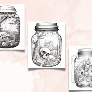50 Spooky Jars Coloring Book, Printable Gothic Creepy Skull in a Jar ...