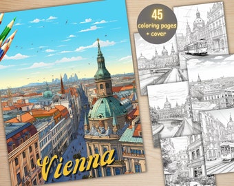 45 Vienna City Coloring Book, Printable PDF, City Cafe Scenes Coloring Pages, Street Landscape Grayscale Coloring Book for Adults and Kids