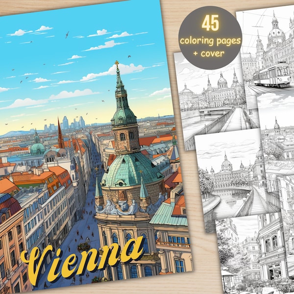 45 Vienna City Coloring Book, Printable PDF, City Cafe Scenes Coloring Pages, Street Landscape Grayscale Coloring Book for Adults and Kids