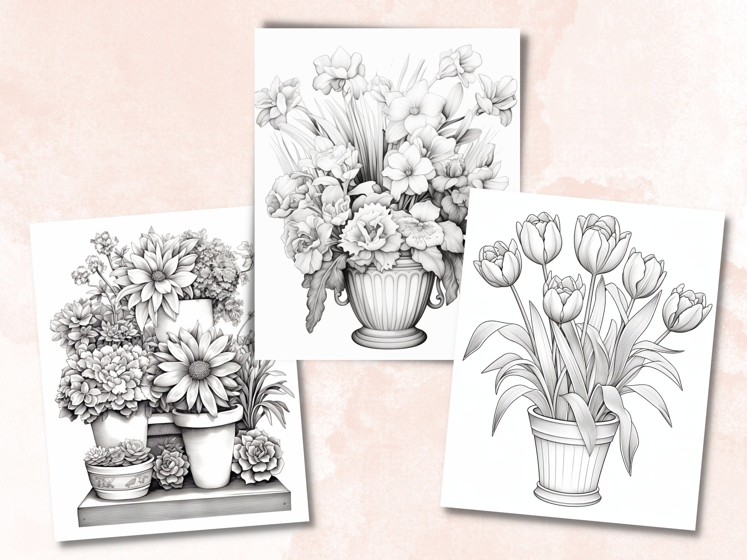 47 Potted Flowers Coloring Book, Printable PDF, Botanical Floral Plant ...
