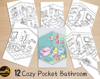 Boho and Easy Interior Coloring Book, Cozy Hygge Corner Coloring Pages, Cute Kawaii Pocket Bathroom Coloring, Relaxing Activity for Adults