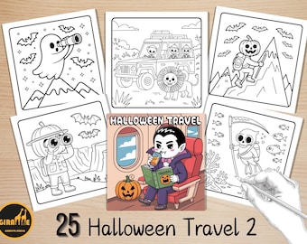 Libro para colorear de Halloween Travel 2, páginas para colorear de momentos espeluznantes, escenas de Halloween espeluznantes para colorear, actividad relajante para adultos y niños