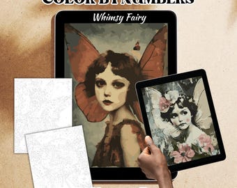 May include: A digital art kit with the text "COLOR BY NUMBERS" and "Whimsy Fairy." The image shows a fairy portrait on a tablet, a hand holding another tablet with a fairy image, and two blank color-by-number pages. The text "10 Different Pages" is also visible.