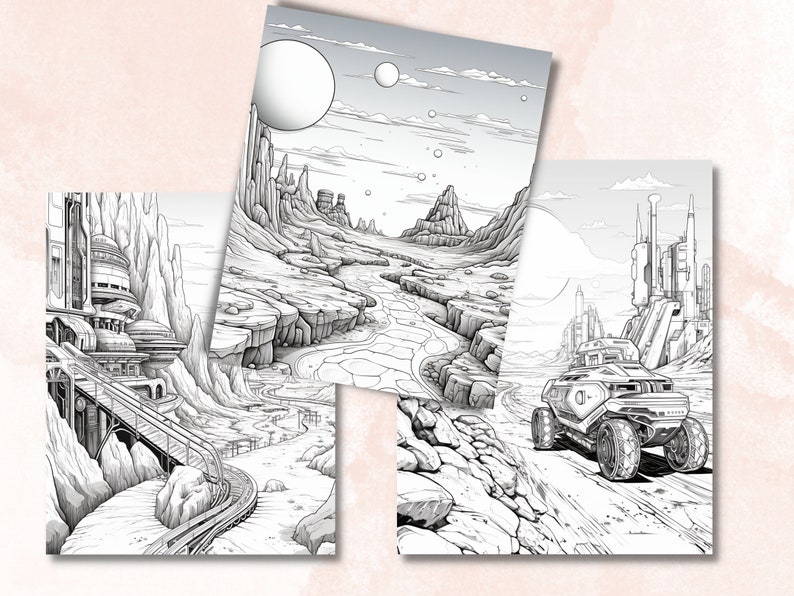 K&ouml;nnte beinhalten: Drei Schwarzwei&szlig;illustrationen von futuristischen Landschaften. Das erste Bild zeigt eine Stadt mit hohen Geb&auml;uden und einer Br&uuml;cke. Das zweite Bild zeigt eine W&uuml;stenlandschaft mit einem Fluss, der durch sie flie&szlig;t. Das dritte Bild zeigt ein Fahrzeug, das durch eine W&uuml;stenlandschaft mit einer Stadt im Hintergrund f&auml;hrt.