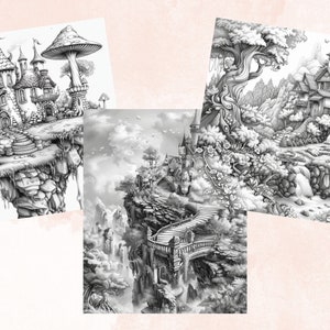 45 Forest Fairy Coloring Book, Printable Fairy Garden Scene Coloring Pages, Fairytale Castle Landscapes Grayscale Coloring Book for Adults
