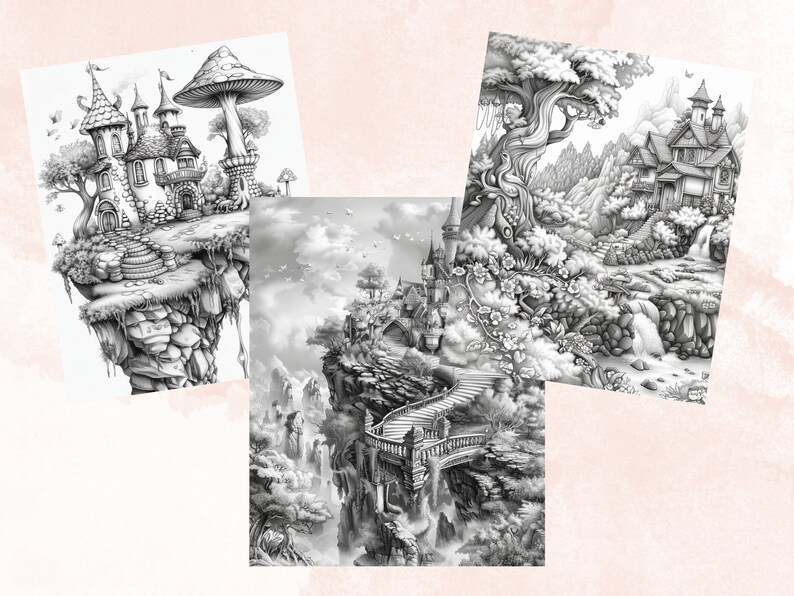 45 Forest Fairy Coloring Book, Printable Fairy Garden Scene Coloring Pages, Fairytale Castle Landscapes Grayscale Coloring Book for Adults