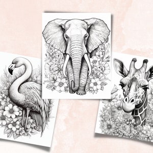 May include: Black and white line art illustrations of an elephant, a giraffe, and a flamingo, each surrounded by flowers.