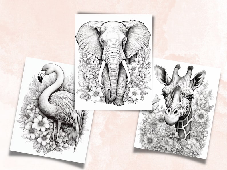 May include: Black and white line art illustrations of an elephant, a giraffe, and a flamingo, each surrounded by flowers.