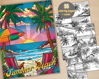 55 Summer Beach Coloring Book, Printable Summer Sea View Coloring Pages, Grayscale Tropical Vacation Landscape Coloring Book for Adults Kids