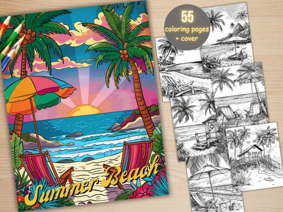 55 Summer Beach Coloring Book, Printable Summer Sea View Coloring Pages, Grayscale Tropical Vacation Landscape Coloring Book for Adults Kids