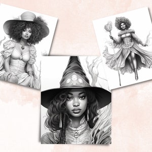 May include: Three black and white illustrations of women wearing different hats and outfits. The first woman is wearing a large, wide-brimmed hat with a feather, a long-sleeved dress, and a necklace. The second woman is wearing a pointed hat with a large brim, a long-sleeved dress, and a necklace. The third woman is wearing a large, wide-brimmed hat with a feather, a long-sleeved dress, and a necklace.