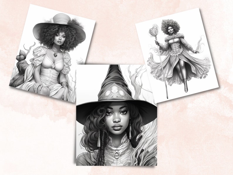 May include: Three black and white illustrations of women wearing different hats and outfits. The first woman is wearing a large, wide-brimmed hat with a feather, a long-sleeved dress, and a necklace. The second woman is wearing a pointed hat with a large brim, a long-sleeved dress, and a necklace. The third woman is wearing a large, wide-brimmed hat with a feather, a long-sleeved dress, and a necklace.