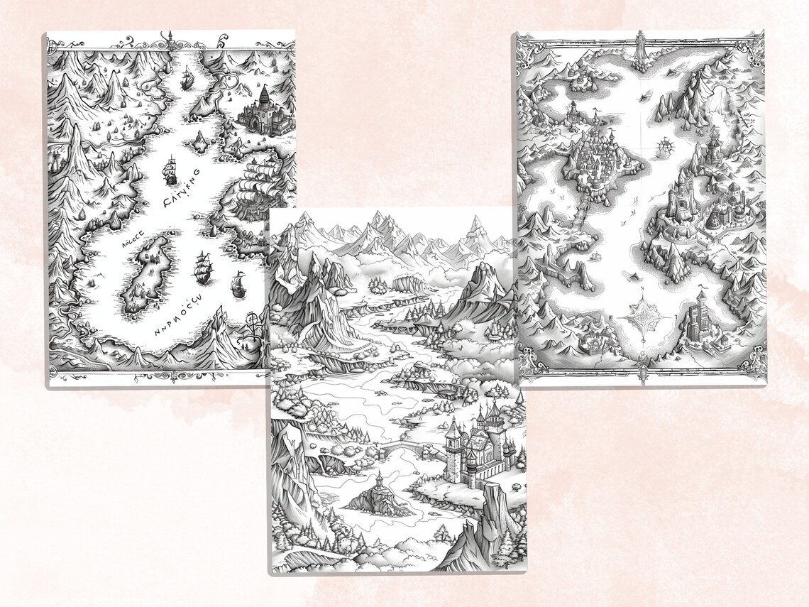 Fictional Map Colorable 50 Fantasy Map Coloring Book, Printable PDF, Vintage Map Scenery ...