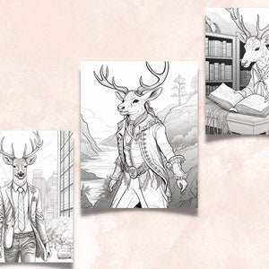 50 Fantasy Deer Coloring Book, Printable Secret Life of Deer Coloring Pages, Grayscale Reindeer Cute Animal Coloring Book for Adults and Kid