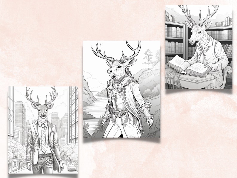 50 Fantasy Deer Coloring Book, Printable Secret Life of Deer Coloring Pages, Grayscale Reindeer Cute Animal Coloring Book for Adults and Kid