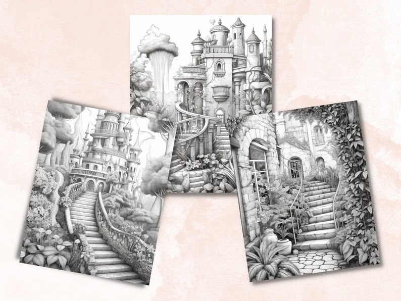 May include: Three black and white illustrations of a fantasy castle with a winding staircase leading up to the entrance. The castle is surrounded by lush greenery and flowers.