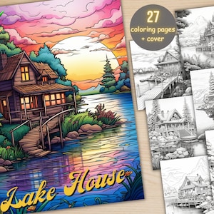 27 Lake Houses Coloring Book, Printable Fantasy Dream House Coloring Pages, Grayscale Coloring Book for Adults, Dark Light Version PDF